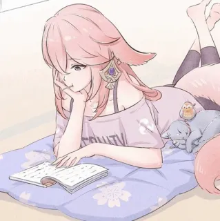 🍡 FRUITY anime, girl, reading, book, cat, cute, pink hair telegram sticker