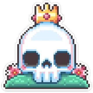 💀 đầu lâu, vương miện, pixel art, dễ thương, hoa, nhãn dán, hoạt hình telegram sticker