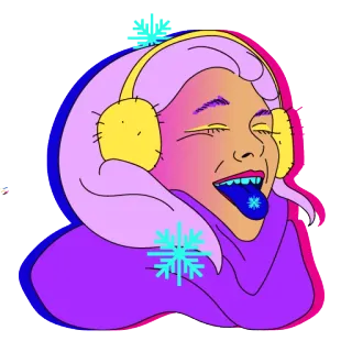 😝 Frau, Winter, Schneeflocken, kalt, Ohrenschützer, lila Haare, Zunge, Cartoon telegram sticker