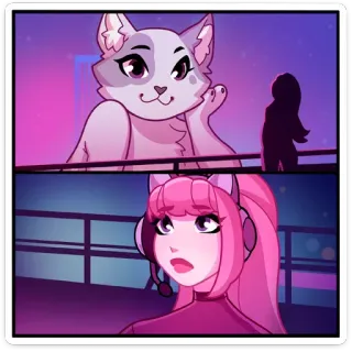 😬 猫, 女孩, 动漫, 粉色头发, 耳机, 卡通, 数字艺术 whatsapp sticker