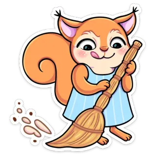 😛 esquilo, vassoura, limpeza, desenho animado, animal telegram sticker