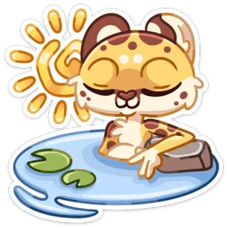 ☺️ leopardo, animal, dibujos animados, tomar el sol, relajación, hoja de lirio, piscina telegram sticker