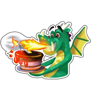 🔥 dragão, desenho animado, bolo, fogo, sobremesa, aniversário, celebração, fantasia telegram sticker