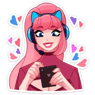 ❤️ 女孩, 耳机, 爱心, 粉色头发, 游戏玩家, 可爱, 动漫 whatsapp sticker