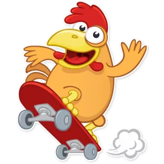😀 frango, skate, animal, desenho animado, skating, vermelho, amarelo whatsapp sticker