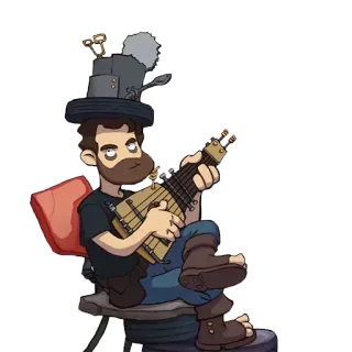 😌 man, cartoon, music, instrument, hat, chair, art telegram sticker