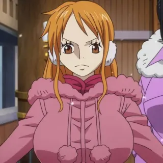 🙁 Nami One Piece 动漫, 角色, 橙色头发, 冬装, 女孩 telegram sticker