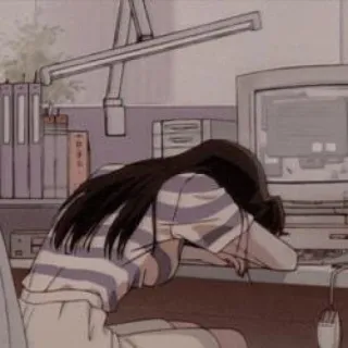 😔 Anime, Computador, Escritório, Cansado, Sonolento, Trabalho telegram sticker