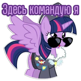 👮‍♀️ Twilight Sparkle My Little Pony Здесь командую я Pony, Cartoon, Twilight Sparkle, Sonnenbrille, Russischer Text, Sticker, MLP telegram sticker