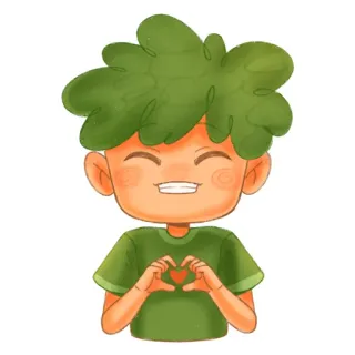 😍 hati, cinta, anak laki-laki, kartun, persahabatan, hijau, tangan, ilustrasi whatsapp sticker