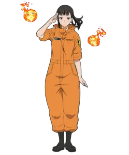 🙋‍♀ Maki Oze Fire Force TOKYO 5 Maki Oze, Fire Force, Anime, Bombero, Mujer, Mono naranja, Saludo telegram sticker