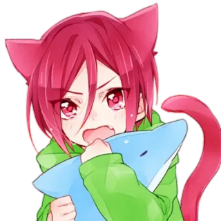 😢 anime, orelhas de gato, cabelo ruivo, tubarão, fofo, desenho animado, kawaii whatsapp sticker