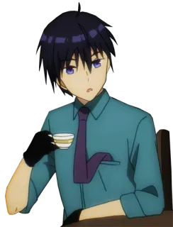 😳 Anime, Hombre, Té, Pelo negro, Corbata morada, Guantes telegram sticker