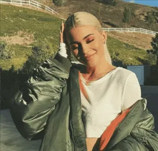 🌿 woman, bomber jacket, blonde, portrait, outdoor, smile telegram sticker