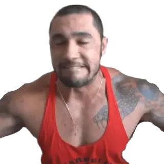 🧔‍♀ мужчина, мускулы, красная футболка, майка, татуировки, ожерелье telegram sticker