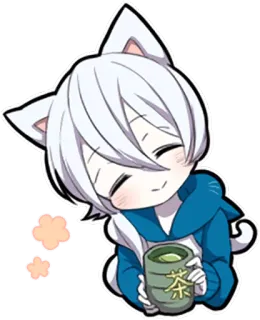 🍵 茶 Anime, Chibi, Kocie uszy, Herbata, Słodkie, Kawaii, Kreskówka telegram sticker