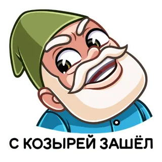 😉 С КОЗЫРЕЙ ЗАШЁЛ gnomo, desenho animado, barba, engraçado, feliz, saudação telegram sticker