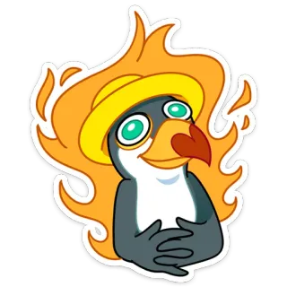 🔥 penguin, flames, cartoon, yellow hat, bird, character, illustration, sticker telegram sticker