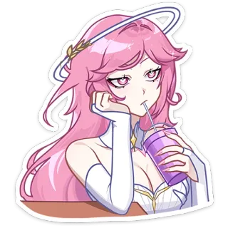 😔 chica anime, pelo rosa, bebiendo, linda, dibujos animados telegram sticker