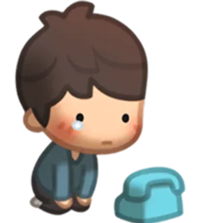 😔 sedih, menangis, telepon, kartun, anak laki-laki, kesepian telegram sticker
