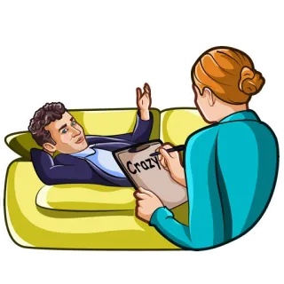 💆‍♂️ Crazy นักจิตวิทยา, การบำบัด, สุขภาพจิต, โซฟา, ผู้ป่วย, จิตแพทย์ whatsapp sticker