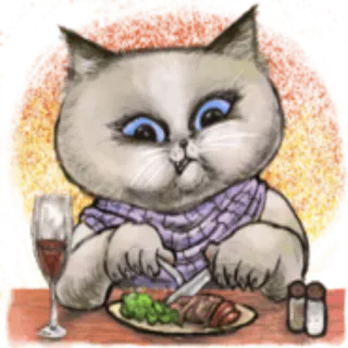 🍔 고양이, 스테이크, 와인, 동물, 저녁, 식사, 음식, 귀여운 telegram sticker