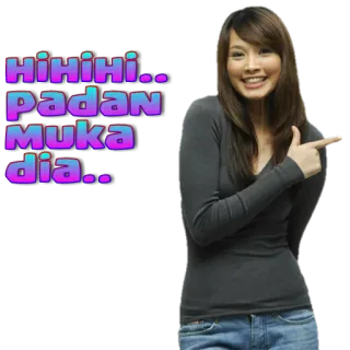 😆 HIHIHI.. PADAN MUKA dia.. donna, indicare, sorrisetto, testo, adesivo whatsapp sticker