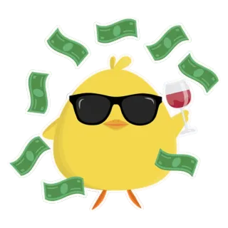 💰 kurczak, pieniądze, wino, okulary przeciwsłoneczne, kreskówka, luksus, sukces, celebracja telegram sticker
