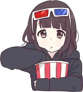 🥜 anime meisje, 3D bril, popcorn, film, cartoon, kijken, schattig whatsapp sticker