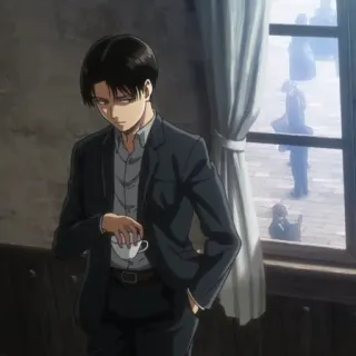 ☁️ Levi Ackerman Attack on Titan anime, character, formal, indoors, cup telegram sticker