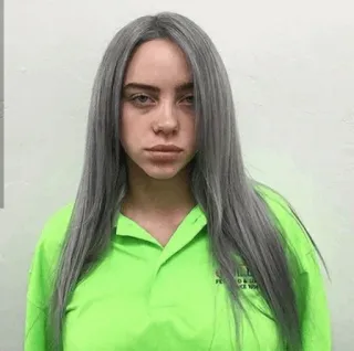 😐 Billie Eilish PERSONNEL DEPT. billie eilish, celebridad, cantante, pelo gris, verde neón telegram sticker