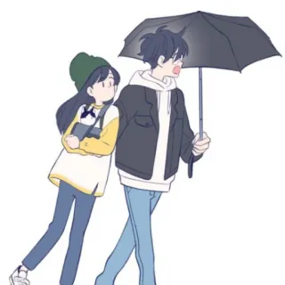 🚏 paar, regenschirm, spazieren, cartoon, regen, süß, junge, mädchen whatsapp sticker
