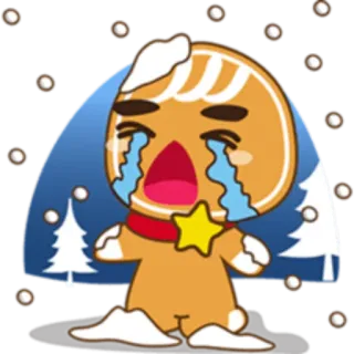 😭 menangis, sedih, manusia roti jahe, musim dingin, salju, natal, kartun telegram sticker