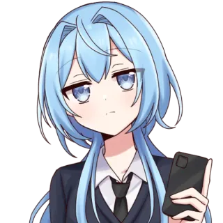 🔮 chica anime, pelo azul, aburrida, atuendo de oficina, teléfono telegram sticker