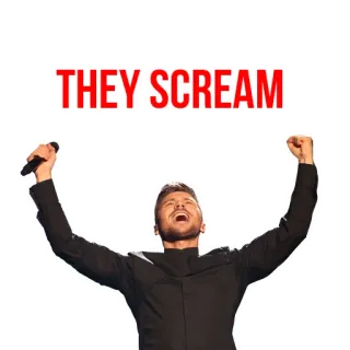 😃 THEY SCREAM uomo, cantando, microfono, festa, braccia alzate, gioia telegram sticker