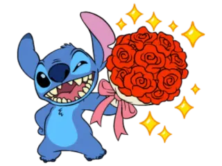 🌹 Stitch น่ารัก, ดิสนีย์, เอเลี่ยน, ช่อดอกไม้, กุหลาบ, การ์ตูน whatsapp sticker