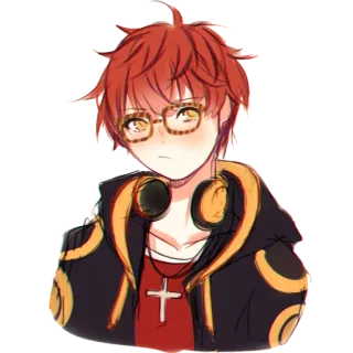 😚 707 Mystic Messenger anime, character, 707, mystic messenger, glasses, red hair, headphones, cross necklace telegram sticker