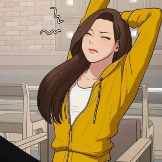 🛍 Frau, Hoodie, Cartoon, Brünette, Café, Entspannt, Anime telegram sticker