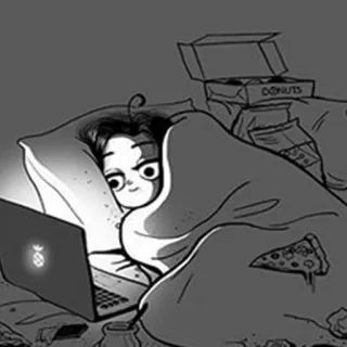 👩 Bett, Laptop, Essen, Snacks, Komfort, Cartoon, Person telegram sticker