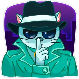 😎 gato, detective, espía, secreto, dibujo animado, sombrero, gabardina, shhh, silencio telegram sticker