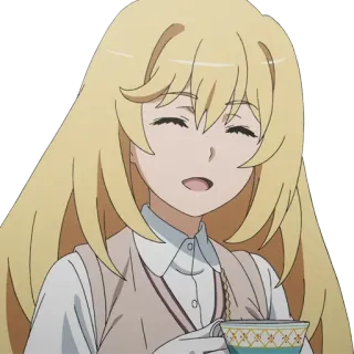 😄 anime, chica, sonriendo, té, pelo rubio whatsapp sticker