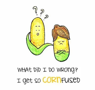 🥺 WHAT DID I DO WRONG? I get so CORNFUSED Mais, verwirrt, Essen, Wortspiel, Cartoon, lustig, Gemüse whatsapp sticker