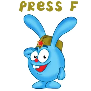 👍 PRESS F coelho, desenho animado, chapéu, azul whatsapp sticker