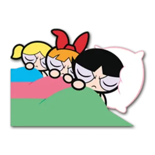 😩 Powerpuff Girls cartoon, sleeping, girls, blanket, pillow, bed telegram sticker
