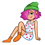 😘 Cartoon, Mädchen, Sitzend, Hut, Pinke Haare, Freizeitkleidung telegram sticker