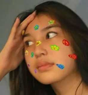 😒 adesivi, faccia, donna, simbolo pace, fiori, ritratto telegram sticker