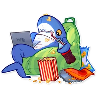 🍿 Requin, Ordinateur portable, Popcorn, Soda, Nourriture, Dessin animé telegram sticker