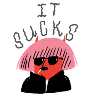 ⛔️ IT SUCKS cigarrillo, diablo, pelo rosa, gafas de sol, fumando, dibujos animados, personaje telegram sticker