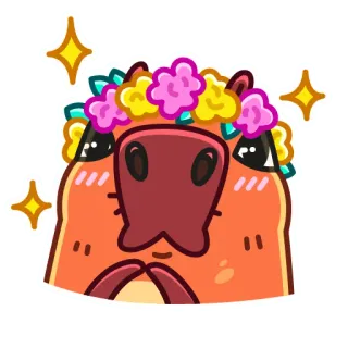 🌷 คาปิบารา, สัตว์, น่ารัก, มงกุฎดอกไม้, ประกาย, การ์ตูน telegram sticker