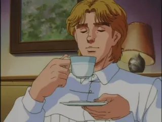 🍵 anime, man, cup, drinking, indoors, sitting, tea telegram sticker